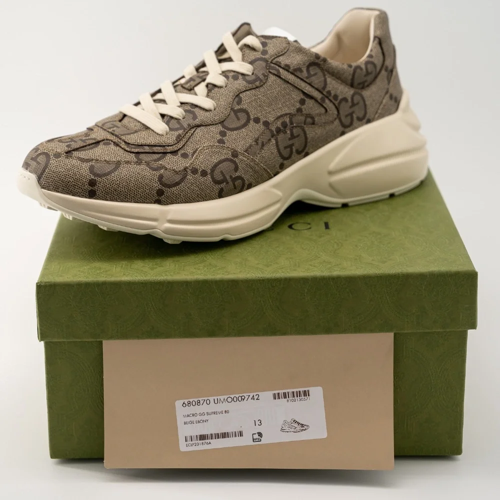 Size G 13 US 13.5 Gucci 100 Rhyton Sneaker Beige Monogram Macro GG Canvas - Picture 12 of 13